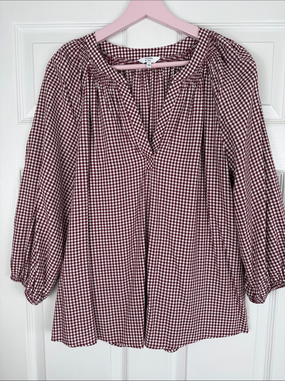 Crown and Ivy Burgundy Gingham Peasant Blouse Large